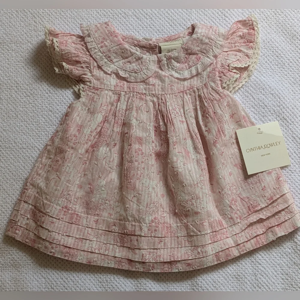 ✨HP✨NWT Cynthia Rowley Pink/Soft White Bunny Print Baby Dress Set Size 3-6months - Picture 2 of 10
